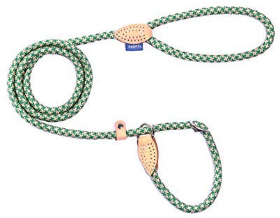 PROFTI Retrieverleine aus Nylon, Lederelemente, Zugstopp, große/kleine Hunde, 150cm lang, Grün/Beige