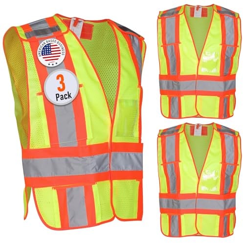 High Visibility Safety Vest – ANSI Class 2 Breakaway Vest with 5 Pockets, Yellow with Adjustable Hook and Loop Closure, Hi Vis Breathable Mesh, Heavy Duty Work Wear for Men or Women, 3 Pack (XL/XXL)