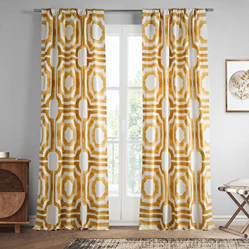 HPD Half Price Drapes Geometric Printed Curtains 120 Inches Long Luxury Cotton Curtains (1 Panel) Room Darkening Window Curtains for Bedroom & Living Room, 50W x 120L, Mecca Geometric Gold