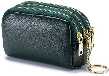 AprinCtempsD Porte-Monnaie Petit en Cuir Véritable Portefeuille Mini Zippé Porte-Cartes avec 3 Zips pour Femme Fille (Vert)