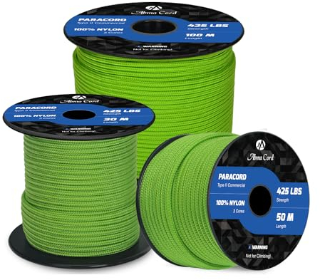 Abma Cord Paracord 3mm 30M 100% Nylon Seil Paracord 425 Typ II Schnur mit 3 Kern für Basteln, Camping, Survival - Max. 192kg (425lbs) - Neon Grün