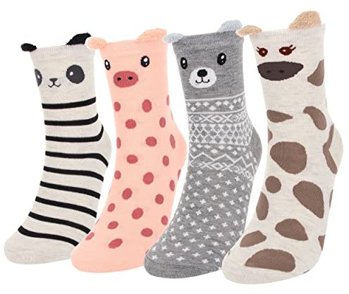 DarkCom 4 Pairs Women's Socks Cute Cat Panda Pattern, Christmas Gifts for Women (4-7, cartoon animals)