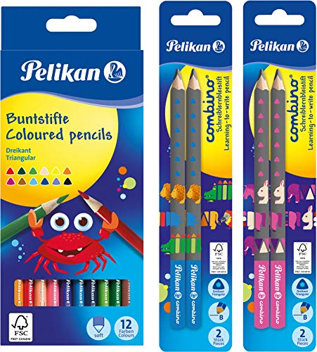 Pelikan 700115 Buntstifte, dreikant, 12 Stück, FSC + je 2 Combino Bleistifte blau und pink