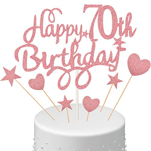 Boao 70th Cake Topper Set, Happy 70th Birthday Cake Topper with Heart Star Cupcake Picks Glitter Decoration for Birthday Party Supplies, Rose Gold