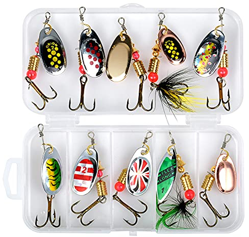 10Pcs Leurres de Pêches, Cuillers de Pêche, Leurre Artificiel, Kits Leurres pêche Appâts, Spinnerbait avec boîte de Rangement, Accessoires de Pêche pour Truite, Perche, Saumon, brochet