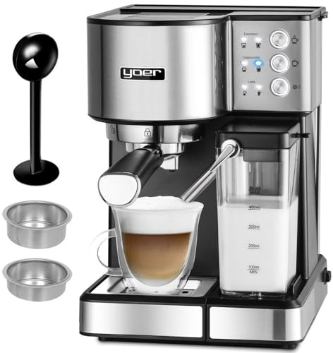 YOER EMF01S Lattimo - Black Espresso Machine - Portafilter Machine - Barista Professional Coffee Machine 1350 W - Fully Automatic with 20 Bar Pressure - 1.8 L Water Tank - Drip Grid on Stainless Steel