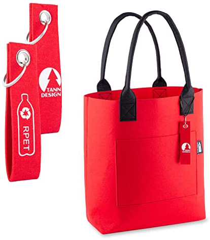 Tanndesign Nachhaltiger Damen Shopper „Emma“ aus recyceltem Filz Rot – Einkaufstasche 21L mit Schultergurt & Fronttasche | Umweltfreundliche Tragetasche für Alltag, Büro & Freizeit | Waschbar & robust