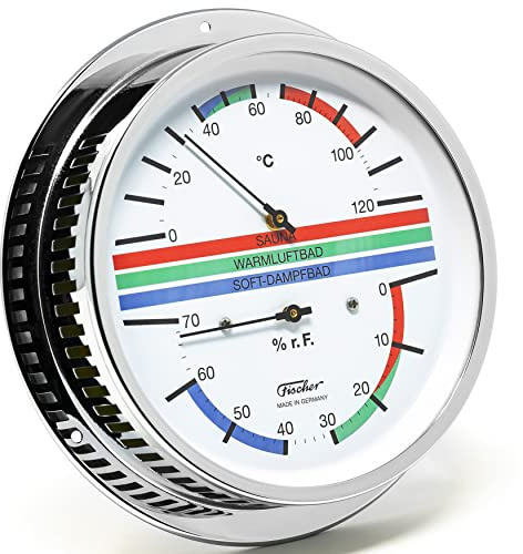 Fischer 5094-47, Sauna-Klimamesser, Haar-Hygrometer u. Bimetall-Thermometer | Thermohygrometer, Messbereich 0-70 % r. F. und 0-120 °C, Genauigkeit ± 3 % r. F., 155mm Durchmesser, Made in Germany