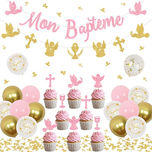 JOYMEMO Mon Baptême Dekorationen Erstkommunion Dekorationen Rosa Gold Mon Taufe Banner Engel Kreuz Taube Gral Wimpelkette Girlande Cupcake Topper für Jungen Mädchen Netural Taufe Babyparty