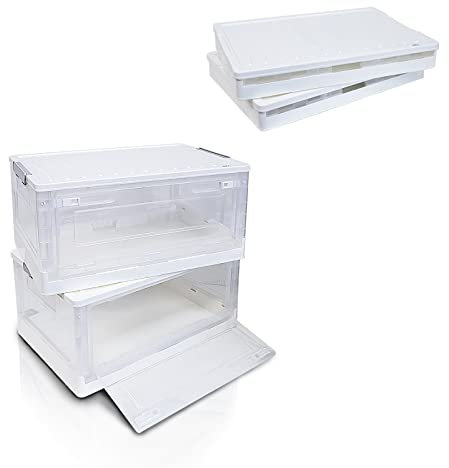 SIC Caja de Almacenamiento Plegable Transparente con Puerta Frontal, Cajas de Almacenamiento de Plástico, Organizador para Maletero de Coche, Armarios, Hogar, Oficina (42x28x21 CM, Blanco-2)