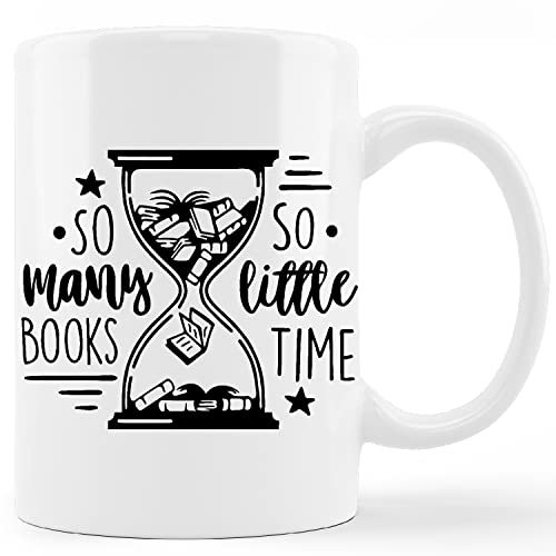 Lustige Buchbecher, Tasse, So Many Books So Little Time, Keramikbecher, 325 ml, Kaffee, Milch, Teebecher, Sanduhr, Muster, Tassen, Geschenke für Studenten, Teenager, Buchliebhaber, Bücherwurm