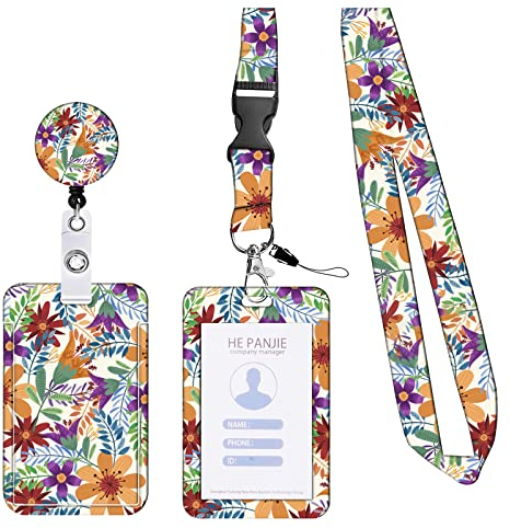 KHDULQ Lanyard Mit Kartenhülle, Kartenhülle Mit Band, Id Card Holder, Karten Schutzhülle, Card Wallet (Orange Blumenmuster) Für Handy-Lanyards, Ausweise, Büro- Und Schulbedarf