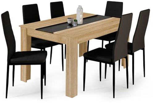 IDMarket - Ensemble Table à Manger Georgia 140 cm et 6 chaises Romane | Avec 6 chaises romane noires, table imitation hêtre et noire