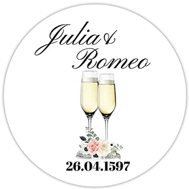 36 x personalisierte Hochzeitsaufkleber mit Datum und Wunschname ∅ je Sticker 5cm runde Deko Aufkleber für Gastgeschenke Hochzeit Name selbstklebend (05 Sekt)