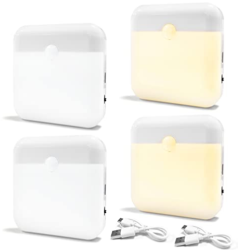 AMANKA LED Sensor Licht ，[4 Stück] LED Nachtlicht mit Bewegungsmelder ，Aufladbar USB Nachtlicht Kinder mit Zweifarbiges (Warmes/Weißes) für Kinderzimmer, Flur, Küche, Schlafzimme,