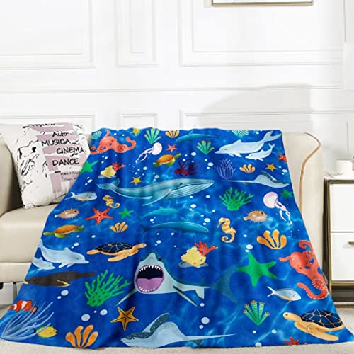 Teslite Marine Life Kuscheldecke Decke,50 x 60 Inch Kuscheldecke Kinder Ozean Weich Warm Plüsch Delphin Hai Quallen Flanell Flauschige Decke Ozean Meereslebewesen Fleecedecke Wohndecke Überwurfdecke