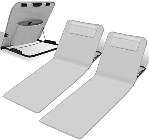 Tubiaz 2er Set Strandmatte mit Rückenlehne,Klappbar Strandstuhl 5-stufige Verstellbar,Tragbar Strandliege mit Kopfkissen-Hellgrau