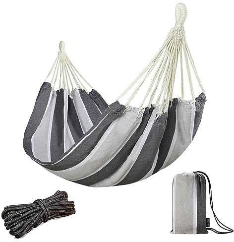 JoyView Brasilianische Hängematte für Einzelperson, tragbare Baumwoll-Hängematte mit Seilen zum Aufhängen und Tragetasche, 200 x 100 cm, 136 kg Kapazität, perfekt für drinnen und draußen, graue