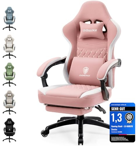 Dowinx Gaming Stuhl mit Taschenfederkissen, Verstellbarer Gaming Sessel mit Fußstütze, Ergonomischer Racing Gamer Stuhl 150 kg belastbarkeit, Rosa