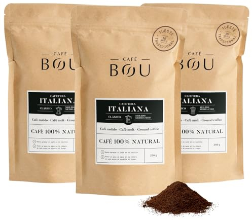 Café BOU - Café Molido para Cafetera Italiana | 100% Natural | Cuerpo e intensidad alta |Tueste alto | Con Aroma a Chocolate | Pack 3 Paquetes x 250gr