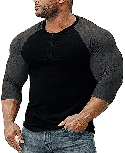 Herren Konisch Henley 3/4 Ärmel T-Shirts Lässig Raglan T-Stück Slim-Fit Muskeloberteile Schwarz/Dunkelgrau L