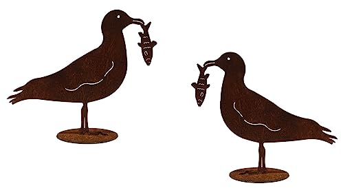 Bornhöft 2er Set Edelrost Dekoration Rost Möwe Maritime Figur für den Außenbereich Dekomöwe auf Bodenplatte rostige Deko Eisen mit Fisch im Schnabel (Möwen Set auf Platte)