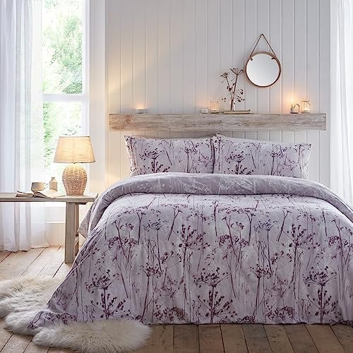 Drift Home - Eco-Friendly Purple Floral Duvet Cover - Double Bedding Size (200 x 200cm) - Soft Brushed Cotton - Sustainable Recycled Cotton - 2 Pillowcases - Lilac Bedding - Meadow Field Duvet Cover