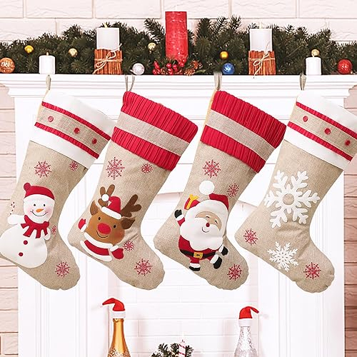 BOFUNX 4pcs Calcetines Medias de Navidad Chimenea de Arpillera Botas Bolsillos de Colgantes Adornos Navideños Bolsas Decoración Regalos Dulces de Fiesta Navidad 47x29x22cm para Colgar y Llenar