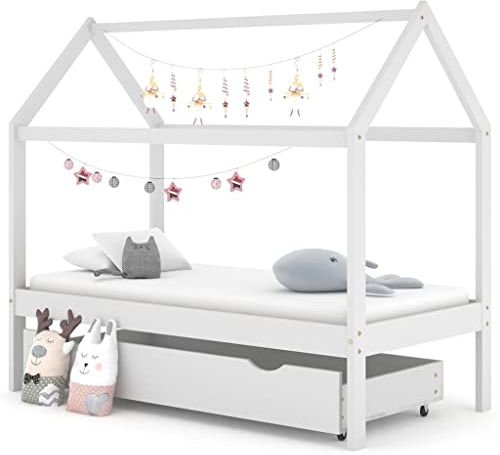 puraday Kinderbett mit Schublade Weiß Massivholz Kiefer Hausbett 80x160 cm Bett Kinder Holzbett Hausbett Deko Toddler Bed für Kinder Baumhaus Design Kann Vorhänge Hängen Elegant und Praktisch