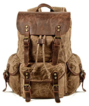 FANDARE Leinwand Wanderrucksack Herren Damen Wanderrucksäcke Sports & Outdoor Rucksack mit Kordelzug Trekkingrucksack Reiserucksack für Wandern Radfahren Klettern Bergsteigen und Reisen Khaki