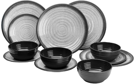 FLAMEFIELD Juego de melamina gris granito de 12 piezas – Vajilla de diseño de piedra natural resistente, camping y almuerzos de jardín, abraza el aire libre con elegancia y facilidad