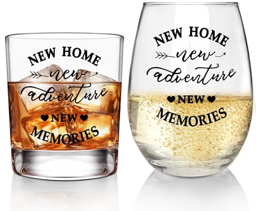 ONEHAUS New Home New Adventures - Juego de regalo de vasos de vino y whisky, regalo único de inauguración de la casa para nuevos propietarios, ideas de regalo para el hogar para mujeres y hombres