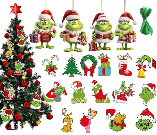 Guidre 2023 Ornamento da appendere a forma di Grinch, 24 Grinch cartaceo decorazioni natalizie per albero di Natale, 4 ciondoli divertenti in acrilico verde, decorazione natalizia per porte di Natale