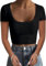 TrendiMax Womens Square Neck Shor Sleeve Crop Top Slim Fit Summer T Shirts(XL,Black)