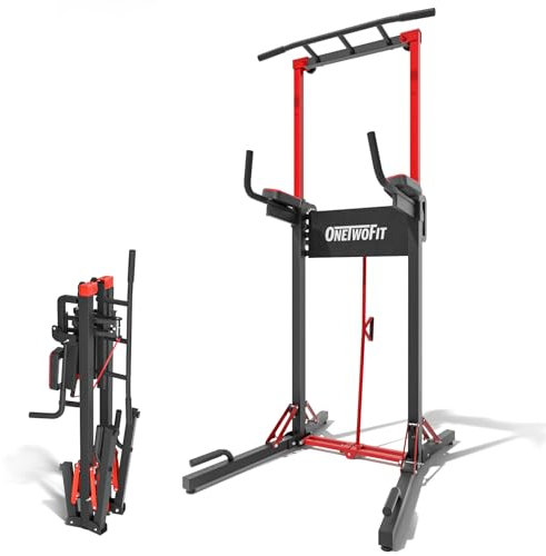 ONETWOFIT Foldable Power Tower Pull Up Bar Station Assistive Trainer, Multi-Function Adjustable Height Dip Station for Home Gym Workout Pull Up Stand (Black-Foldable-600lbs)