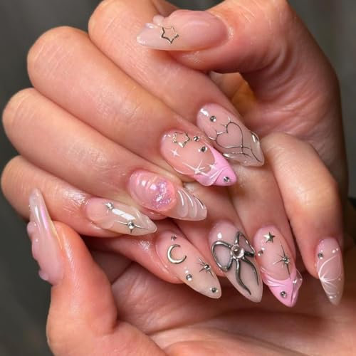 MouyouGlow Press on Nails Kurz,Almond Rosa French 3D Herz Schleife Fliege Bow Tie Strass Stern Mond Y2K Coquette Fairy Fake Nails mit Nagelkleber,Love Valentine Künstliche Fingernägel