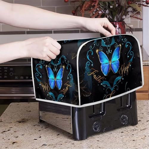 Poceacles Blue Butterfly Toaster Covers 2 Slice Wide Slot Dustproof Fingerprint Protectors and Greasy Protection Anti-sputtering Machine Washable, S