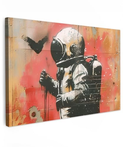 MuchoWow© Leinwand Bilder 90x60 cm Wanddeko Wohnzimmer Aesthetic Room Decor Deko Zimmer Wandbilder Modern Bild auf Leinwand Graffiti - Astronaut - Street art - Weltall - Banksy