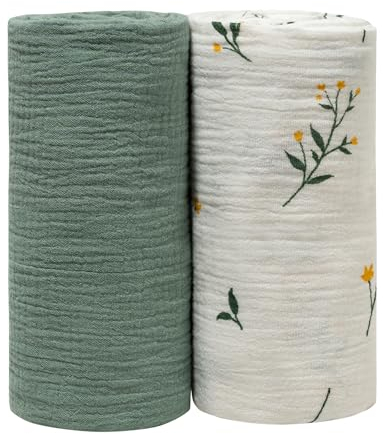 GLLQUEN BABY Pucktücher neugeborenen 2 Stück, Musselin-Baumwolle kinderdecke,95x100cm kuscheldecke für Kinder,Kleinkinder,Kinderbett,Kinderwagen,Junge oder Mädchen babydecke(Sage)