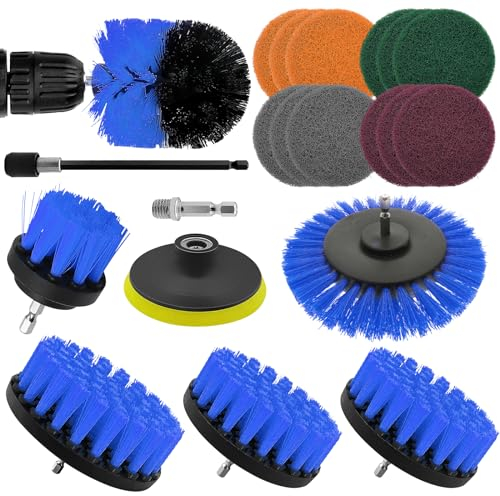 Gemtte Bürstenaufsatz Bohrmaschine Set, 20 Stück Bürstenaufsatz Akkuschrauber mit Bohrbürsten 2''/ 3.5''/ 4''/ 5'', Reinigungsbürste Felgenbürste Power Scrubber Kit für Bad Poolfliesen & Auto (Blau)