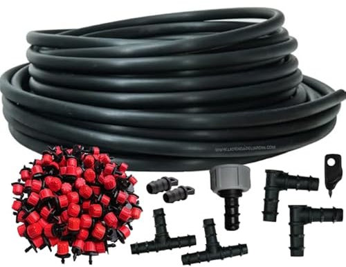 Suinga Sistema Riego por goteo jardin 100 metros. Incluye tubo 16mm + 100 goteros + accesorios de instalación