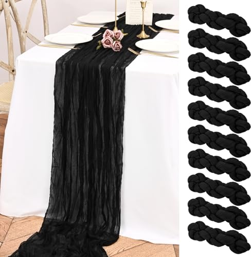 Teruntrue 10er-Pack Tischläufer schwarz, Käsetuch-Tischläufer, 3 m lang, Boho-Tischläufer, Gaze-Tischläufer für Geburtstagsparty, Festival, Hochzeitsdekoration (schwarz)