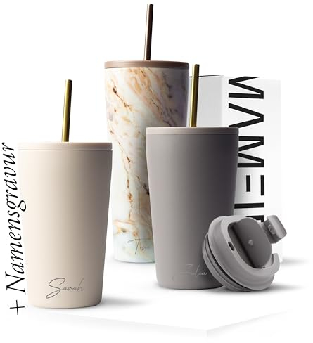 MAMEIDO Thermobecher personalisiert 470ml - Kaffeebecher to go mit Namen aus Edelstahl doppelwandig isoliert, auslaufsicher - Namensgravur als personalisiertes Geschenk (Ivory Beige, 0,47l)