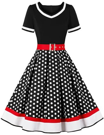 Nihsatin Women's 1950s Vintage Polka Dots Swing Dress Short Sleeve Cocktail Party Dress with Belt Black