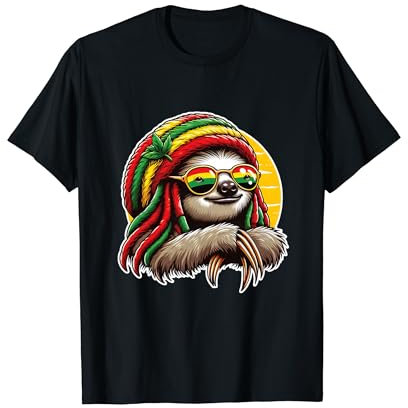 Chill Reggae Vibe Cool Rasta Dreadlocks Faultier in Beanie T-Shirt