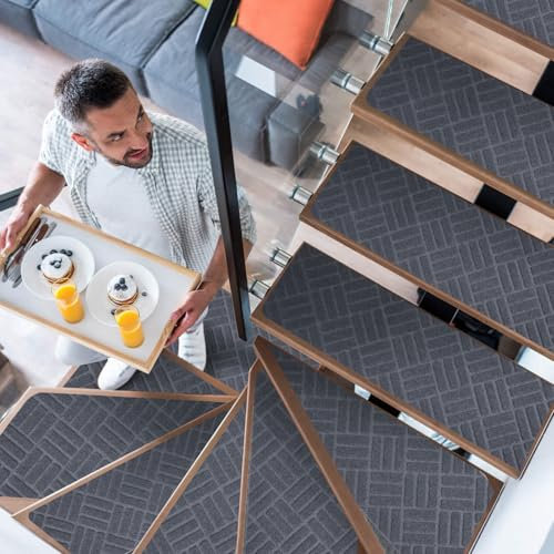 YISUN Treppenstufen Matten 65x20 cm, Antirutsch Treppenteppich, Stufenmatten Selbstklebend, Teppich Treppenstufen für Treppe Küche Schlafzimmer, Stufenmatte für Ältere, Kinder, Hunde (Reines Grau)