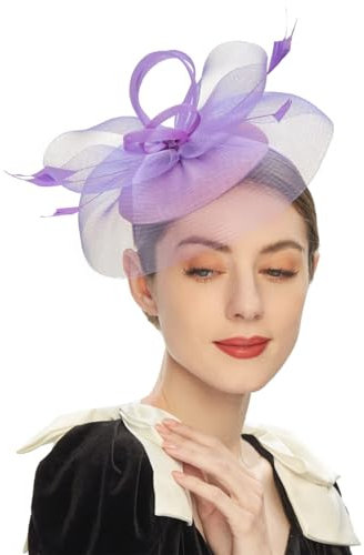 HIQIU Fascinators Hut für Damen Blume Mesh Federn Tüll Bräute Kopfschmuck Haarschmuck mit Stirnband und Clip für Cocktail Tea Party Hochzeit Kirche (DE/NL/SE/PL, Alphanumerisch, Einheitsgröße, Lila)