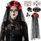 SelfTek Halloween Kostüm Dia De Los Muertos Kostüm Damen, Tag der Toten Kostüm Haarreif und Halloween Gesicht Tattoos, Day of The Dead Kostüm Damen Accessoires