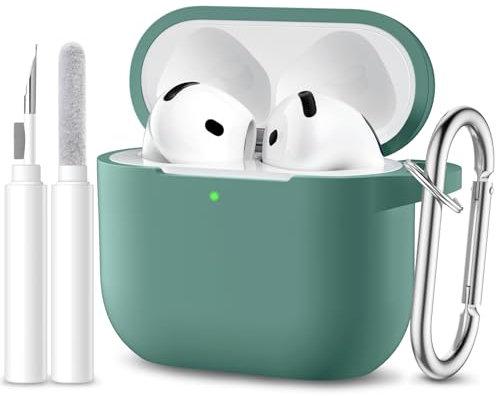 Maledan Funda Compatible con AirPods 4 2024 Case, Funda Protectora de Silicona Suave de Cuerpo Completo para Apple AirPods de 4 Generacion con Kit de Limpieza y Mosquetón [LED Visible],Verde Pino