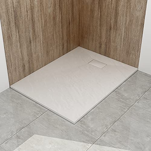 WITEN&NOCK Duschwanne 100x90 cm SMC Brausewanne Weiß Steinoptik Antirutsch Duschtasse Höhe 3,2 cm Niedrige Schwelle Extraflach Brausetasse